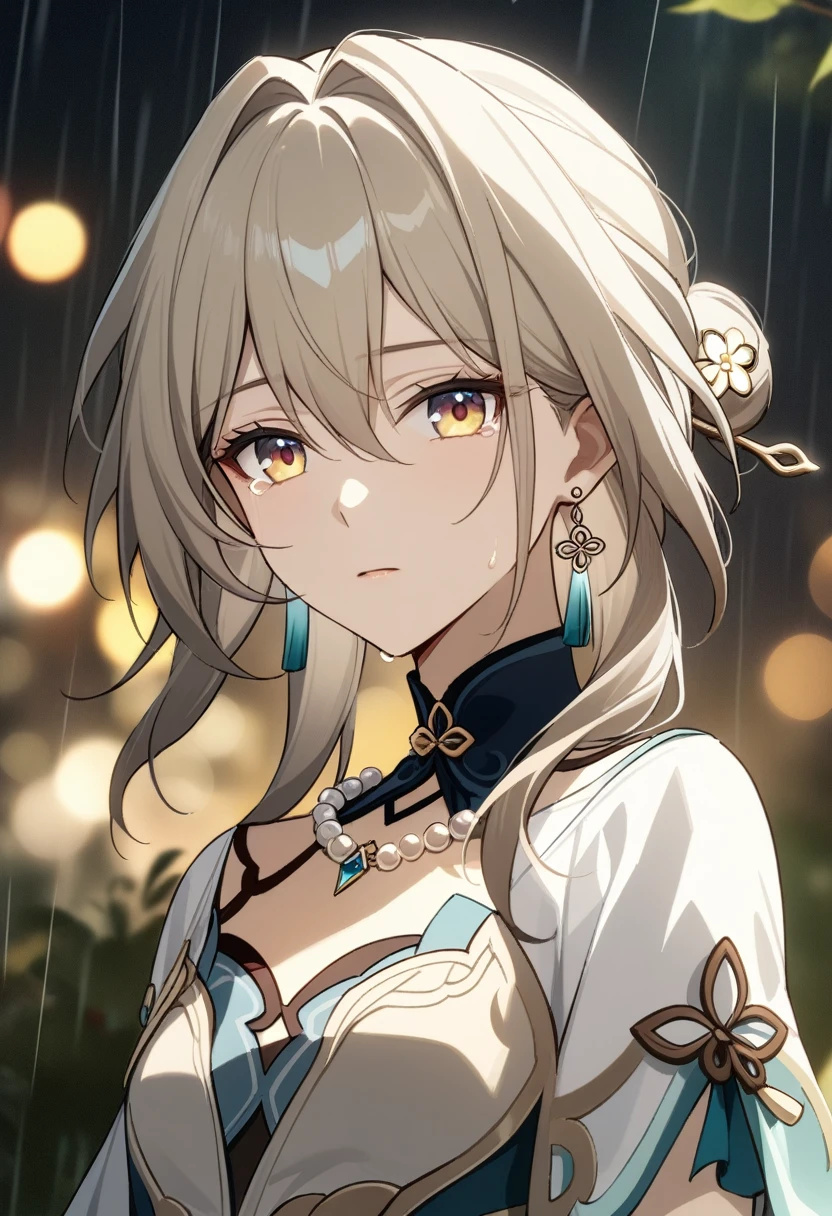 ruan_mei_(honkai:_star_rail) , calm, exspressionless, glossy lips, portrait, looking at viewer, tears, (blonde hair:1.3),, colored eyelashes, yellow eyelashes, (white clothes:1.5), (chinese shirt:1.5), pearls, golden eyes,hairstick, sfw, (modest:1.2), rain, flowers trees background, (flat chest:1.2), (masterpiece), (best quality), (ultra-detailed), very aesthetic, illustration, disheveled hair, perfect composition, moist skin, intricate details, cinematic still, emotional, harmonious, vignette, highly detailed, high budget, bokeh, cinemascope, moody, epic, gorgeous, film grain, grainy, flowers, earrings, necklace
