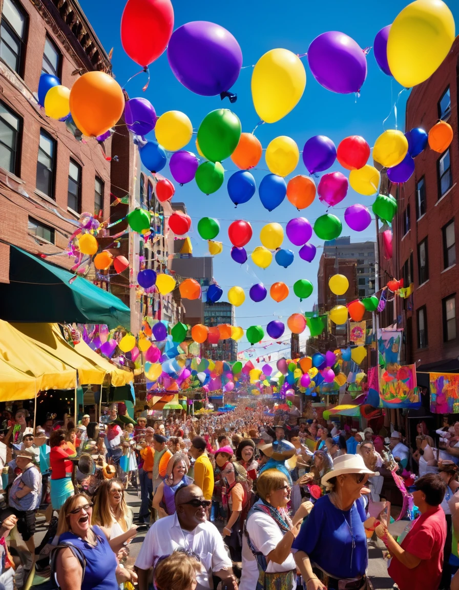 City Street Festival: Picture a lively street festival in a vibrant, urban neighborhood. People of all ages and backgrounds are dancing and singing "Oh Happy Day" together. Street musicians play instruments, and colorful banners and balloons add to the festive atmosphere. The scene captures a spontaneous celebration of life, unity, and happiness amidst a bustling cityscape