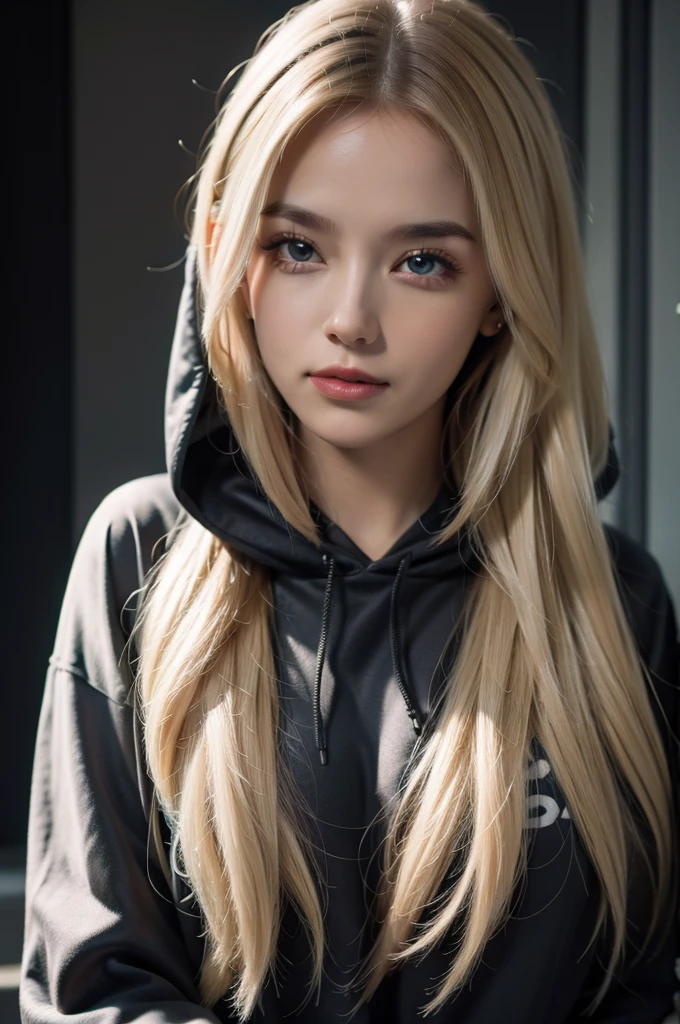 A woman, dressed in a dark hoodie, wearing a hood, flirtatious expression, blond hair, upper body, inviting the viewer for a captivating photography session, highly detailed face, photorealistic quality, achieving an 8k resolution that showcases every pore and texture. The soft, diffused lighting adds to the realistic depth and conveys a tantalizing aura.
