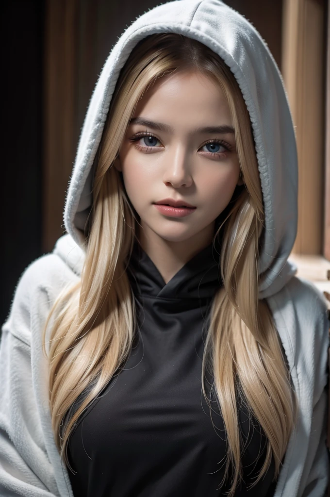 A woman, dressed in a dark hoodie, wearing a hood, flirtatious expression, blond hair, upper body, inviting the viewer for a captivating photography session, highly detailed face, photorealistic quality, achieving an 8k resolution that showcases every pore and texture. The soft, diffused lighting adds to the realistic depth and conveys a tantalizing aura.