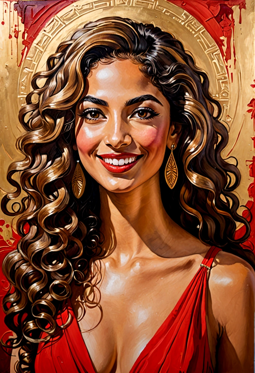portraite of a woman, beautiful Egyptian young woman, Long champagne hair with curls, smiling eyes, looking up at the camera, smooch mouth, Red dress with plunging neckline, Acrylic painting, Bold and expressive brush strokes, Impressionistic style, Detailed Face, Epic Surreal Background, Very heavy brushstrokes with thick textured paint, Professional Lighting & Shadows, High contrast, Fine arts of painting,