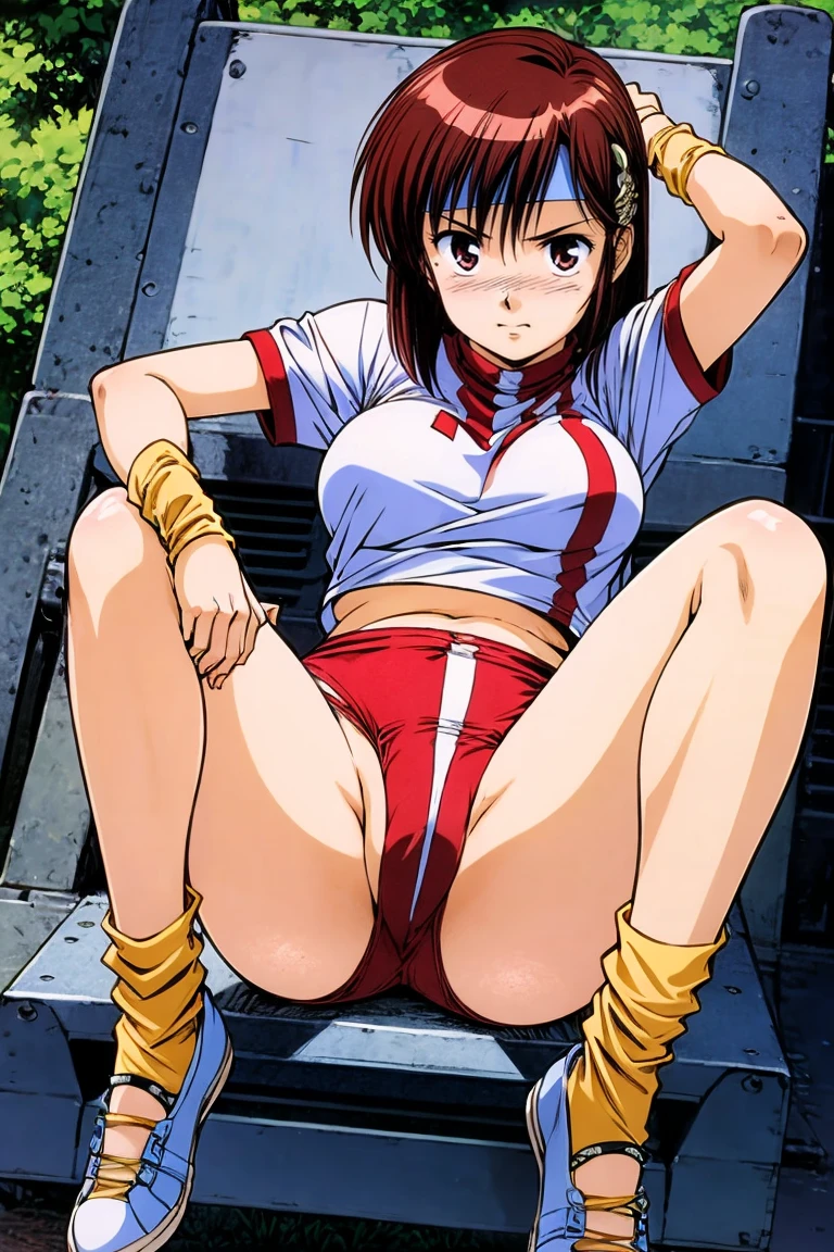 from front,from front,straight-on, masterpeace,bestquality,,,norikotakaya,1girl, medium hair, brown hair,brown eyes, headband, short sleeves,leotard under clothes, wristband, leg warmers,shoes,