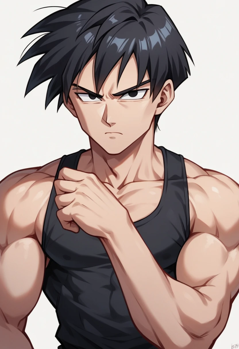 A highschool boy, handsome, perfect body, black hair, short hair, mullet, black eyes, upturned eyes, expressionless, black shirt, anime, first-person view, dragonball art style, masterpiece, anatomically correct, high details, highres, best quality, super detail, 1080P