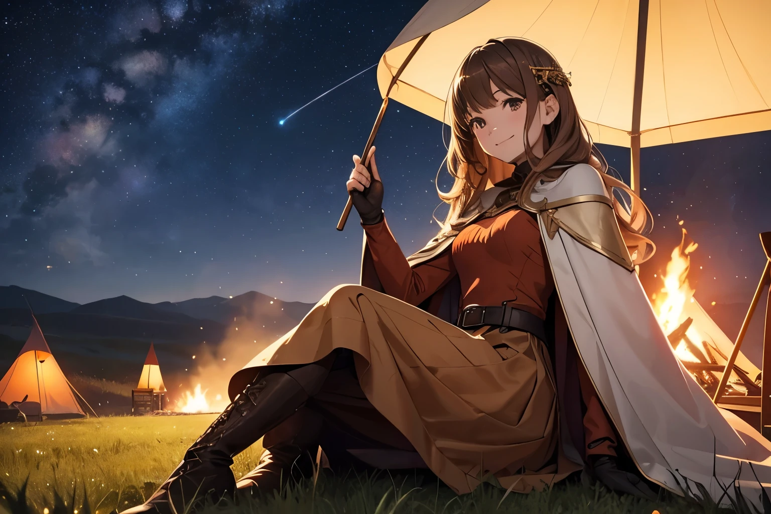 Highest quality,Highest quality,Sit in front of the bonfire,teenage girl, straw color long wavy hair,Slender,Small breasts,Small breasts, long sleeve, brown long skirt, long skirt, smile,Cape, gloves, boots, wide leather belt,Beautiful starry sky,Wide grassland,Triangular tent