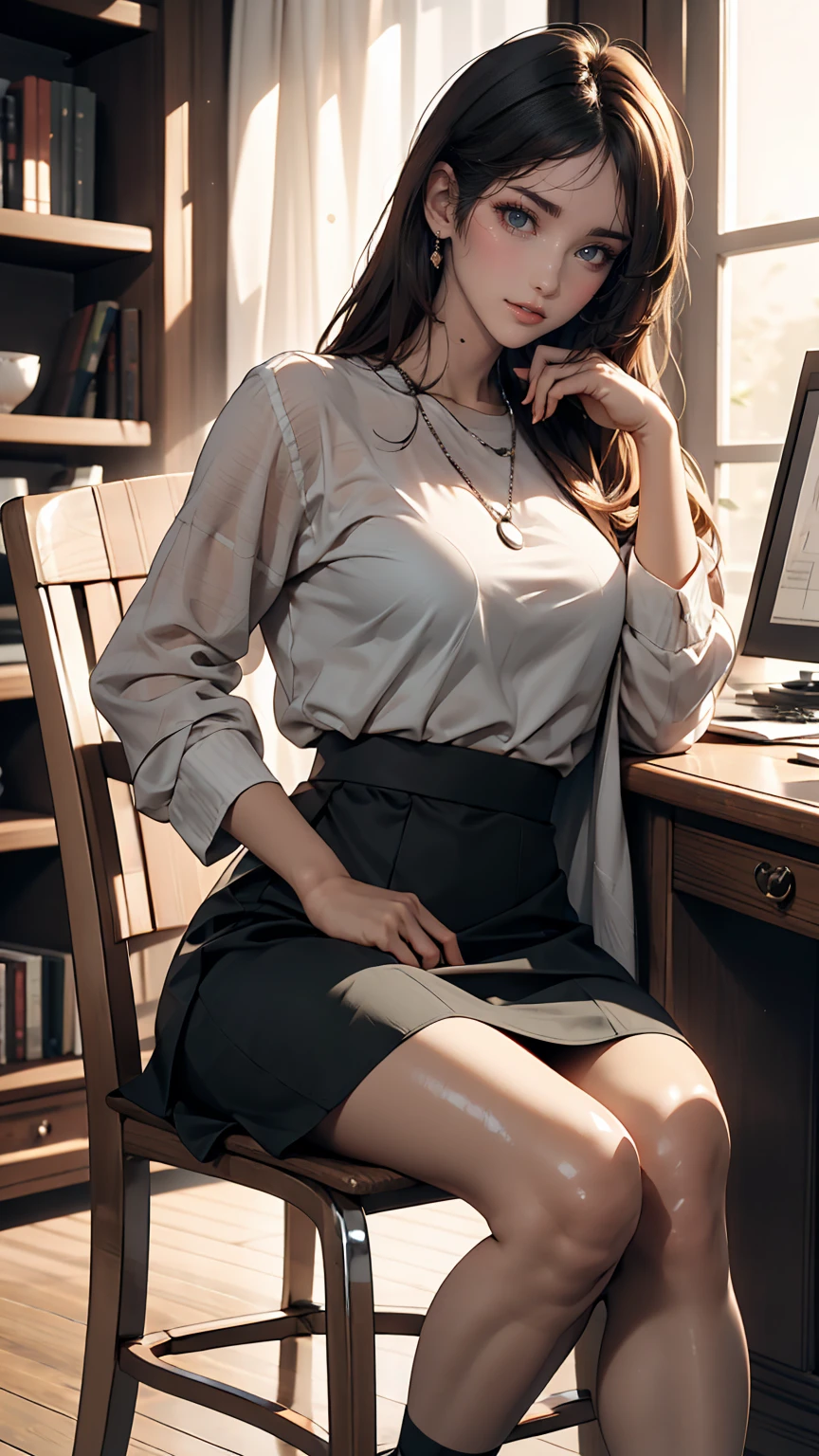 Wearing a black dress and sitting on a chair, Korean female fashion model, Transparent grey skirt, mesh shirt, Chrome Clothes, Glossy silver, It's lucky that, Big Breasts, Highest quality, masterpiece, Ultra-high resolution, Realistic,
