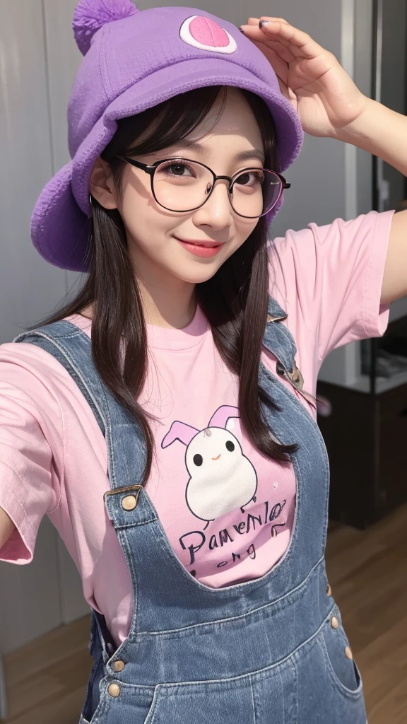 , wearing big black-rimmed glasses, big round eyes, slightly big mouth, small dumpling nose, purple semi-long straight hair, smile, wearing a pink hat, wearing overalls, pink T-shirt, salute,