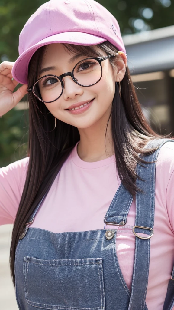 , wearing big black-rimmed glasses, big round eyes, slightly big mouth, small dumpling nose, purple semi-long straight hair, smile, wearing a pink hat, wearing overalls, pink T-shirt, salute,