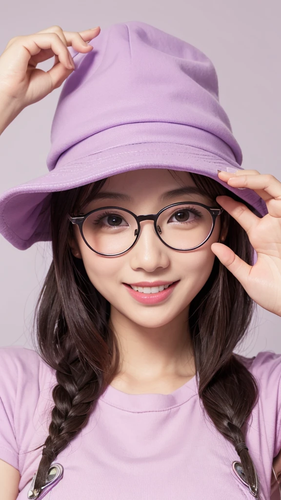 , wearing big black-rimmed glasses, big round eyes, slightly big mouth, small dumpling nose, purple semi-long straight hair, smile, wearing a pink hat, wearing overalls, pink T-shirt, salute,