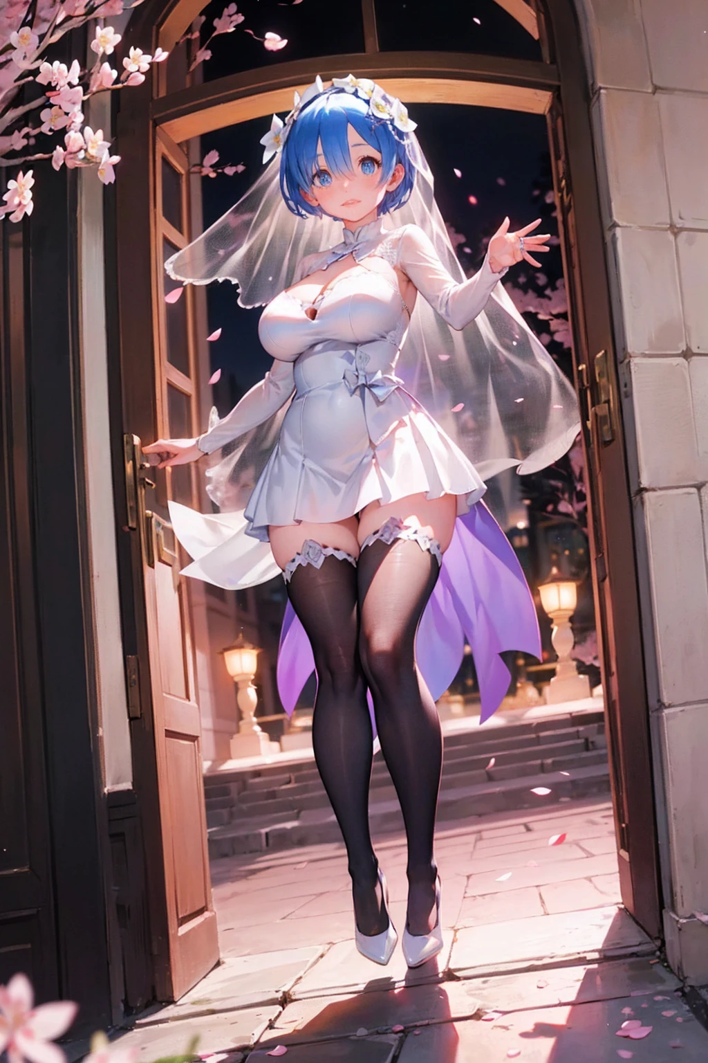 Shortcuts、Full moon night、Cherry Blossoms at Night、((((wedding)))),bride、church、Stained glass、((Long skirt))、pipe organ、((Reaching out))、((Throwing bouquets))、(((((Pure white wedding dress)))))、,(((((Fisheye Lens)))))、((Super huge breasts))、(((Plump thighs)))、(((Rem from Re:Zero)))、looking at the camera、High qualityHigh quality、8k、(((((Full body description)))))、Chest、Fantastic、looking at the cameraで、(((Cherry blossoms fluttering down)))、Red carpet、Very tall、Knee-high socks