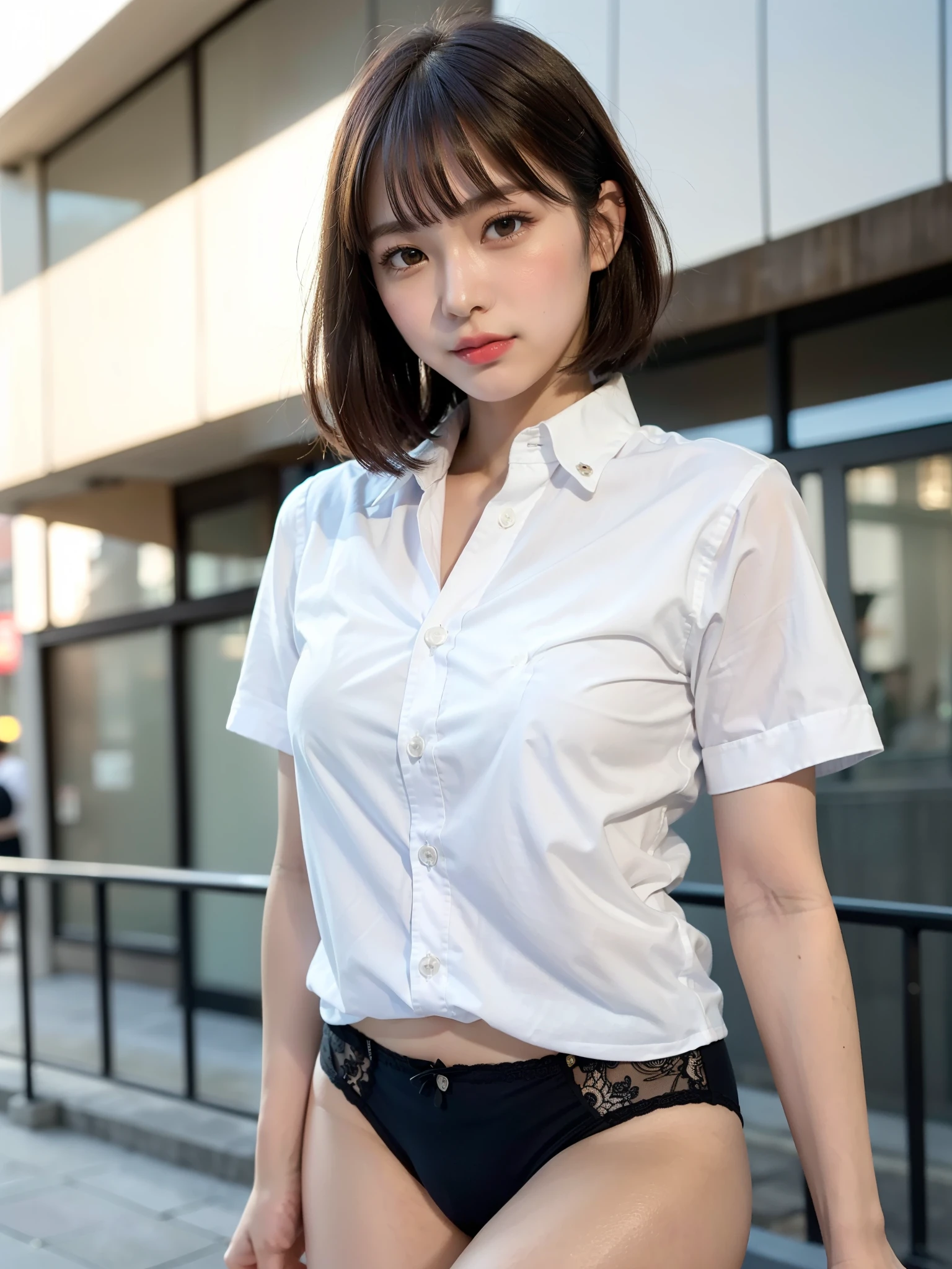 ((Best of the highest quality, 8k, Masterpiece, raw photo: 1.2)), (Sharp focus: 1.2), (1 AESPA, slim body type female, 21 y/o: 1.1), (Solo: 1.28), (realistic, photo-realistic:1.37), face focus, cute face, finely eyes, (droopy eyes: 1.32), (Emphasize prominent aegyo-sal with bright: 1.2), shimmering eyeshadow applied under the lower lash line, paired with thick, (small breasts, flat chest, Thigh: 1.3), (short bob hair, bangs: 1.28), (wearing button down business shirt, panties: 1.32), walking terrace dining, flower, (from below: 1.12)