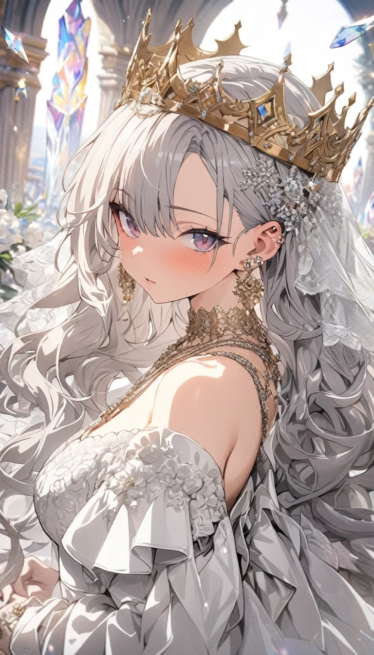 (masterpiece, Highest quality: 1.4), Detailed Background, White Crystal, Crystal Cluster,Long Hair,jewelry, Earrings, necklace, Crown, bride, Gray Hair, Hello,
