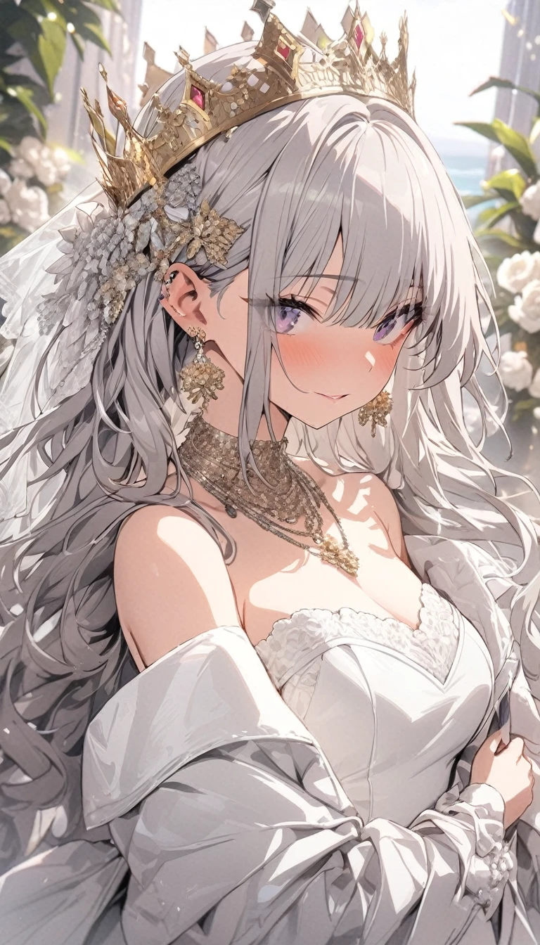 (masterpiece, Highest quality: 1.4), Detailed Background, White Crystal, Crystal Cluster,Long Hair,jewelry, Earrings, necklace, Crown, bride, Gray Hair, Hello,