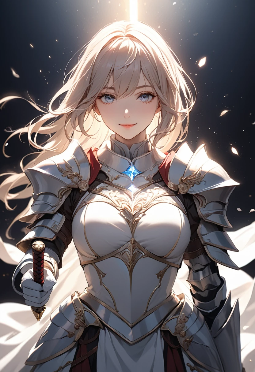 (masterpiece:1.5),(Beat quality),(high res),1girl solo,beautiful face,smile(shining eyes),light effects,A female knight holding a sword in her right hand,White flower,Black background