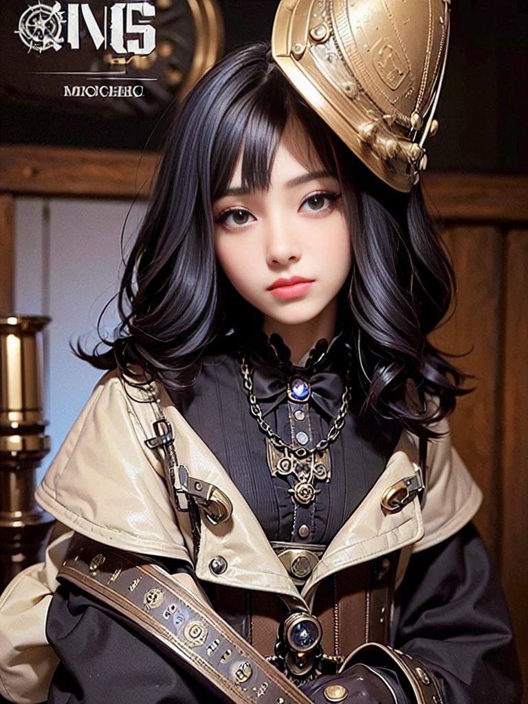 (((masterpiece, Highest quality, Super detailed))), (((1 Infinity Mage Girl))), , (((Highly detailed face))), Small, thin nose, A small, thin-lipped mouth, (((Very sharp focused eyes))), Very large slit-shaped, precise pale grey eyes, Shining like a jewel. Very long eyelashes, long black hair with black vertical curls,, with fringes, ((Steampunk fashion, Gothic Lolita Fashion))