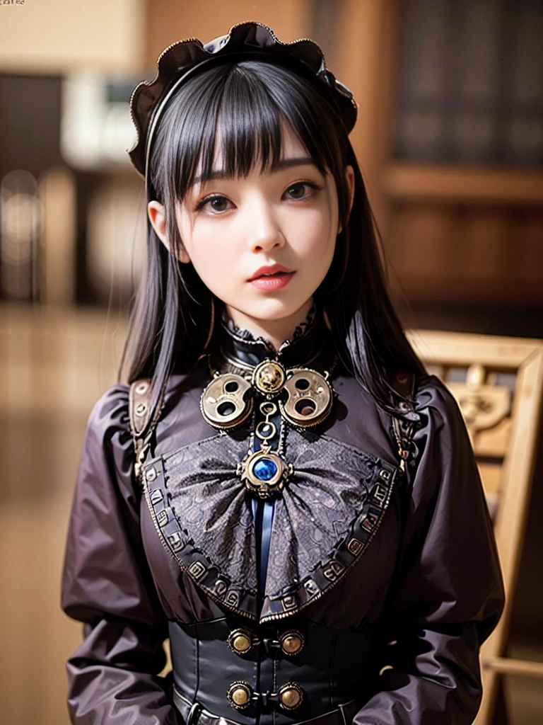 (((masterpiece, Highest quality, Super detailed))), (((1 Infinity Mage Girl))), , (((Highly detailed face))), Small, thin nose, A small, thin-lipped mouth, (((Very sharp focused eyes))), Very large slit-shaped, precise pale grey eyes, Shining like a jewel. Very long eyelashes, long black hair with black vertical curls,, with fringes, ((Steampunk fashion, Gothic Lolita Fashion))