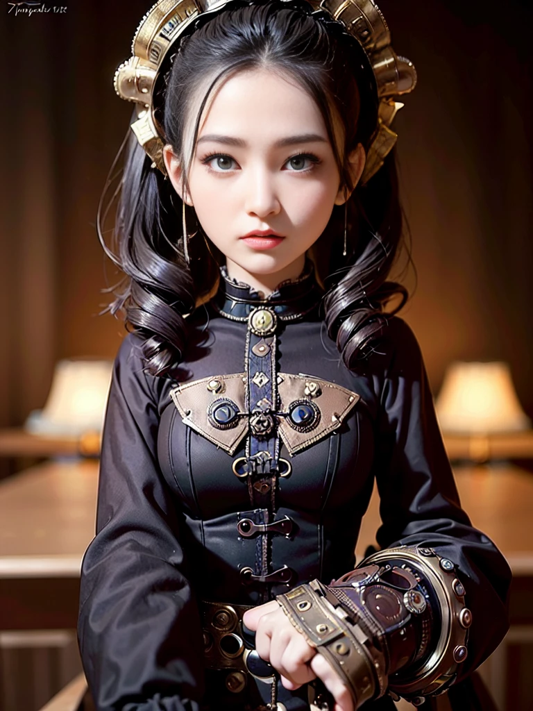 (((masterpiece, Highest quality, Super detailed))), (((1 Infinity Mage Girl))), 14 years old, (((Highly detailed face))), Small, thin nose, A small, thin-lipped mouth, (((Very sharp focused eyes))), Very large slit-shaped, precise pale grey eyes, Shining like a jewel. Very long eyelashes, long black hair with black vertical curls,, with fringes, ((Steampunk fashion, Gothic Lolita Fashion))