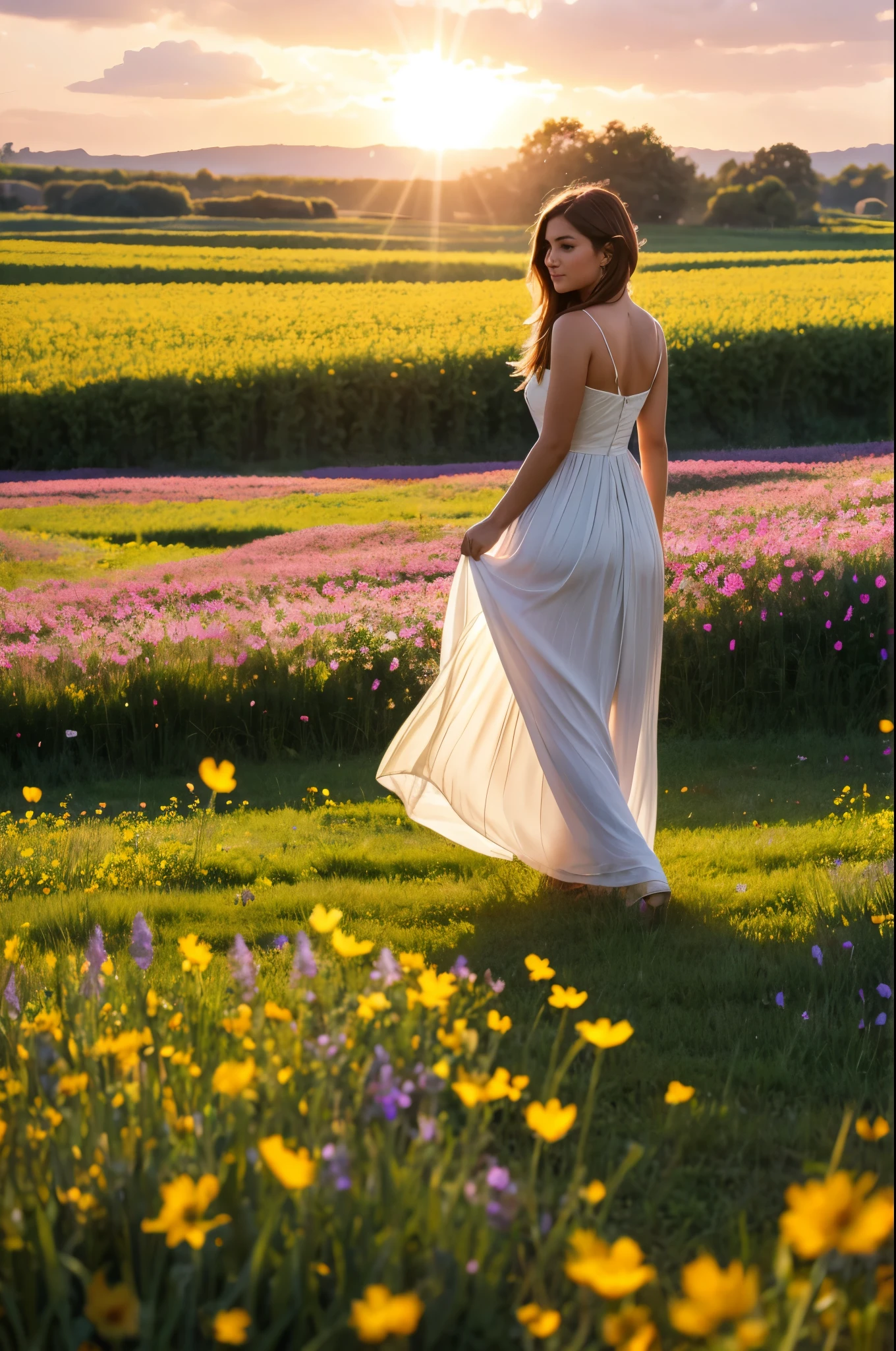 in a dress, walking in a field of flowers in the rays of the setting sun, realist style
