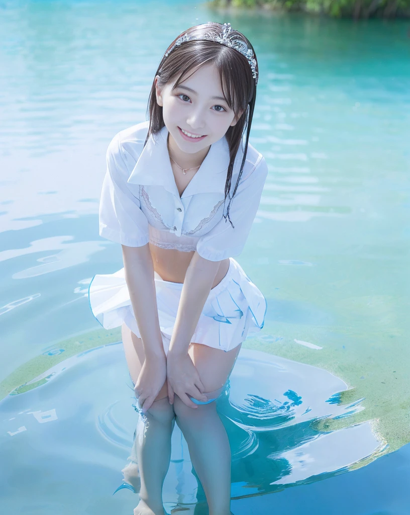 top-quality，Knees，playing in the water，poneyTail，White T-Shirt Dress，(embarrassed from，red blush)，( girl)