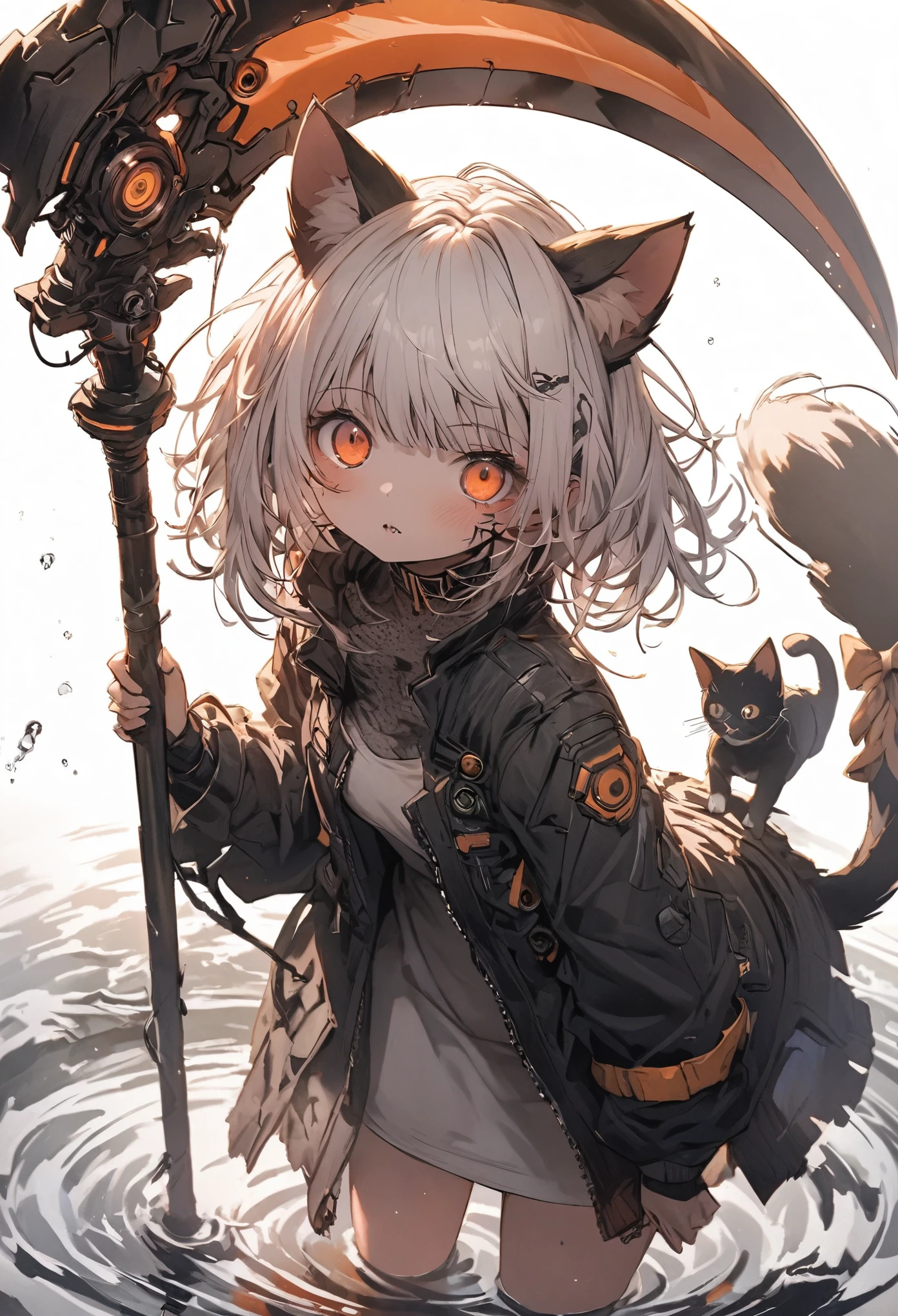Detailed silhouette of a cyberpunk girl with cat ears and a tail, Flowing, Tattered coat, He has a giant scythe with a mechanical cat design on it., Stand on the glossy, Minimalist reflective surface, Soft white background, fish eye, sense of depth,