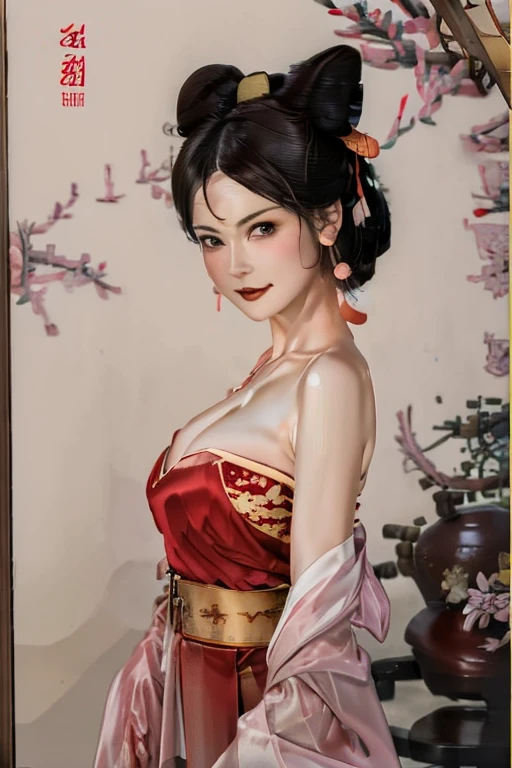 masterpiece,best quality,4K, masterpiece, high resolution, Complex 3D rendering of ultra-detailed beautiful porcelain contoured female face,Vivid details,（high resolution），Ultra Detail，Vivid details,（8K，original photo），（Best quality），（masterpiece），(((Full and soft breasts,)))(((Large Breasts))) (((Cleavage)))1 girl, bushing, Smile, Red Dress, Chinese clothes, Bare shoulders, Pink earrings, Fox Demon, Half squinted, flirtatious, White and red, traditional Chinese painting, Super high quality details 