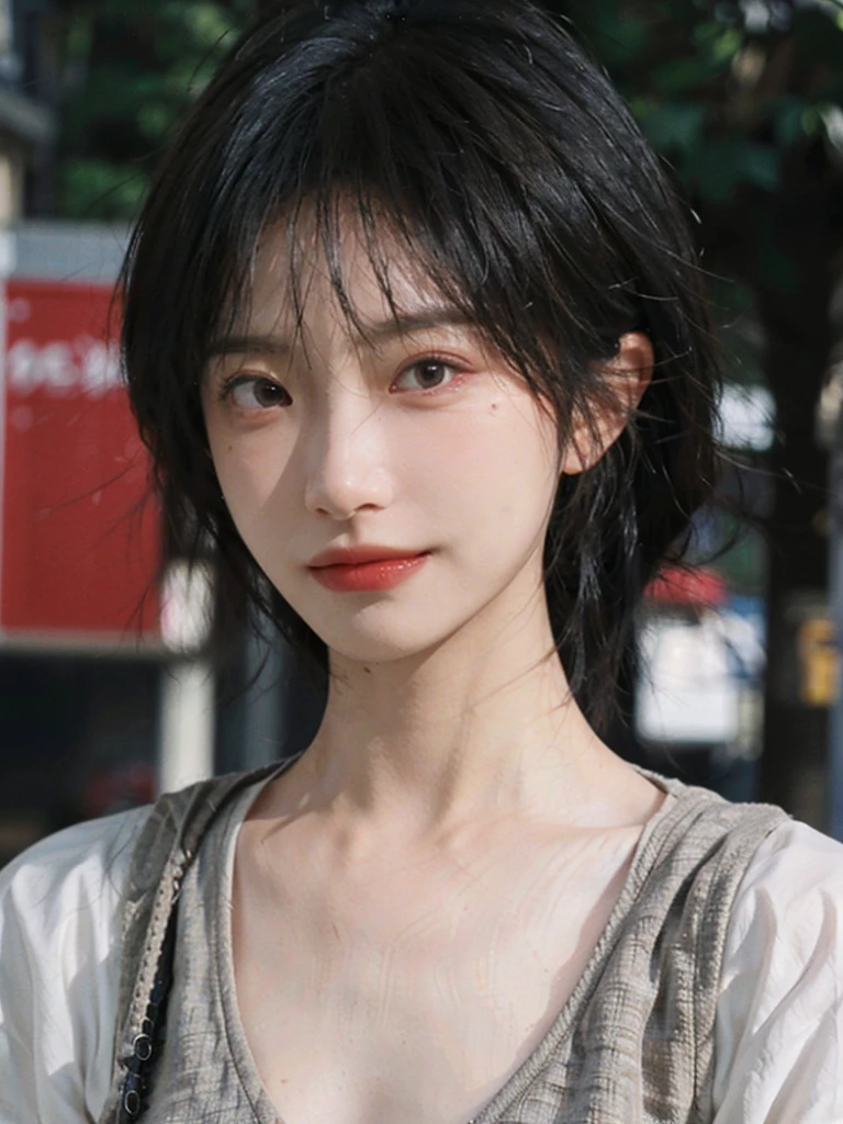 (Skin details:1.4), (smooth skin textures:1.3), Lipstick, background, Direct vision, earrings, serene, calm, (Realistic and detailed eyes:1.2), Natural skin texture, Realistic facial details, Soft dramatic lighting, Vivid details, 35 mm film, outdoor, (Photo Practical:1.4), (hyper Practical:1.4), (Practical:1.3), (Smoother lighting:1.05), (Improve lighting quality:0.9), (Highest quality real skin textures:1.4), Exquisite eyes, Delicate face, Close-up of face, (Enhance the beauty of skin texture:1.1), Hair details, Vest,normal body ratio, short hair, Moles under the eyes, thinking, A faint smile,公园background,Portrait Photography, Depth of Field, Bokeh, Surrealism, Ray Tracing, (Portrait Photography:1.1), Surrealism, High Detail, Chiaroscuro, Ray Tracing, reflected light, Ultra HD, Ultra HD, masterpiece, Textured Skin, Super Detail, High Detail, high quality, best quality