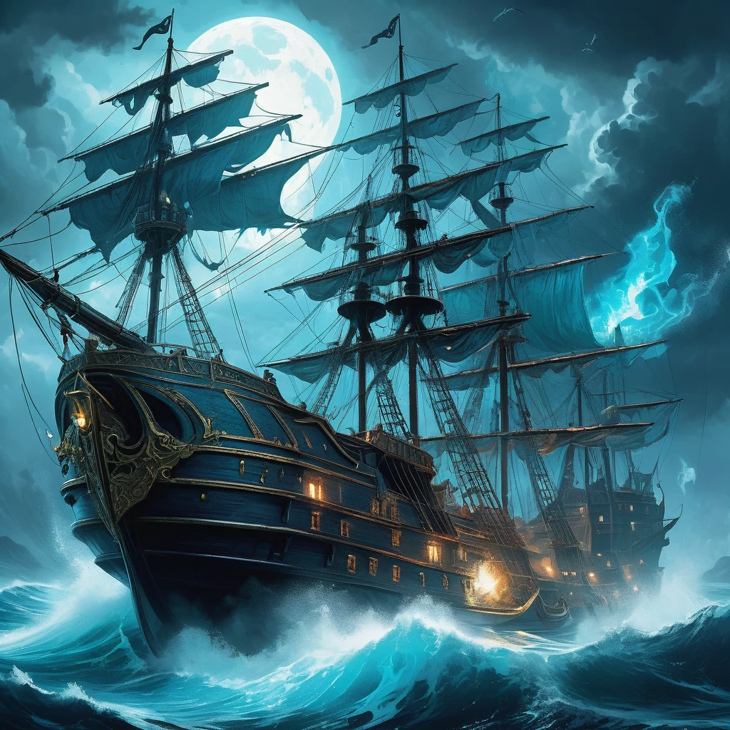 Picture a notorious blue-souled pirate captain in the heart of a medieval dark fantasy world, standing boldly on the deck of their ghostly ship amidst swirling mists and turbulent seas. This pirate captain's soul is tinged with a haunting blue glow, marking them as a formidable and enigmatic figure feared across the realms.
Clad in weathered leather and tattered silk, adorned with charms and trinkets that shimmer with mystical energy, the pirate captain exudes an air of both menace and allure. Their eyes, a piercing shade of azure, reflect the depths of the restless seas they roam, forever seeking lost treasures and ancient artifacts hidden in the shadows of forgotten islands.
Above them, tattered sails billow in the spectral wind, their ship a spectral apparition that seems to materialize from the mist itself. The air is thick with the tang of salt and the crackle of arcane energies that protect their cursed vessel from those who dare to pursue.
Capture the essence of adventure and danger as this blue-souled pirate captain navigates the treacherous waters of the medieval dark fantasy world, where every port holds secrets, and every voyage brings them closer to their elusive destiny."