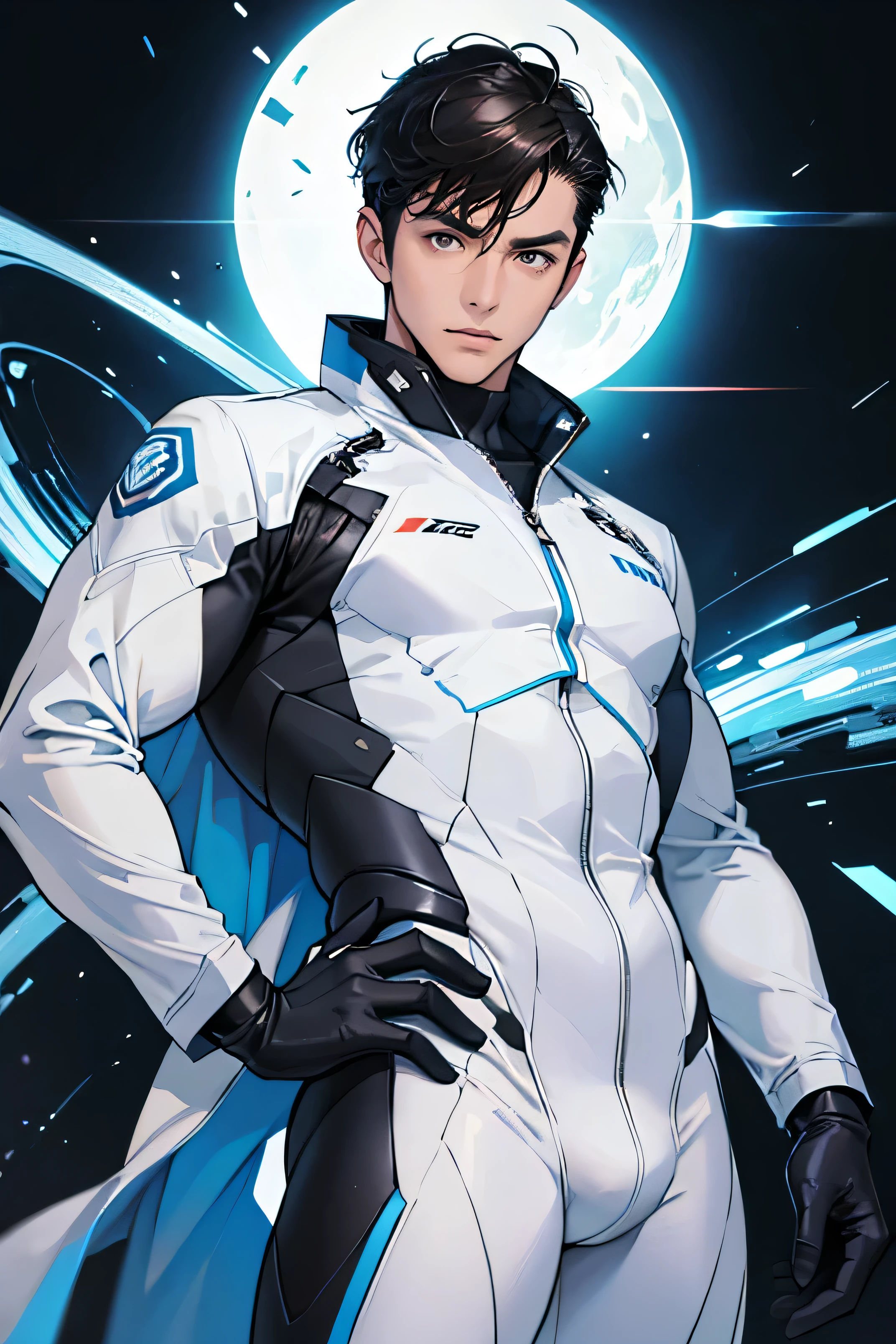 handsome man, 28 years old, Cyborg, Japan brown eyes future universe science fiction The background is the galaxy universe The white and blue latex outfit was very tight. plug set glove Looking at the camera White belly very short, Cropped black hair Scinece magazim ปก magazim Cove