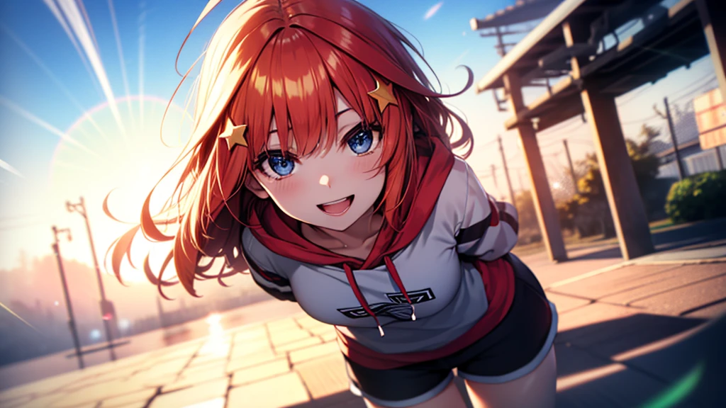 itsukinakano, Itsuki Nakano, bangs, Ahoge, Redhead, star \(symbol\), Smiling Kindly,hair ornaments, happy smile, smile, Open your mouth,Short braided hair,red oversized hoodie,Shorts,White Pantyhose,High-top sneakers,(LOL:1.1), (Open your mouth:1.1), Sun glare, Bokeh, Written boundary depth, Blurred Background, Particles of light, Strong winds, (Heart Particles:1.1), Highly detailed face, Perfect lighting, Highly detailed CG, (Perfect hands, Perfect Anatomy),Top view angle
