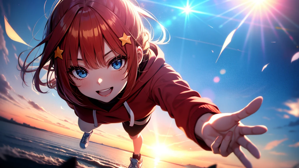 itsukinakano, Itsuki Nakano, bangs, Ahoge, Redhead, star \(symbol\), Smiling Kindly,hair ornaments, happy smile, smile, Open your mouth,Short braided hair,red oversized hoodie,Shorts,White Pantyhose,High-top sneakers,(LOL:1.1), (Open your mouth:1.1), Sun glare, Bokeh, Written boundary depth, Blurred Background, Particles of light, Strong winds, (Heart Particles:1.1), Highly detailed face, Perfect lighting, Highly detailed CG, (Perfect hands, Perfect Anatomy),Top view angle