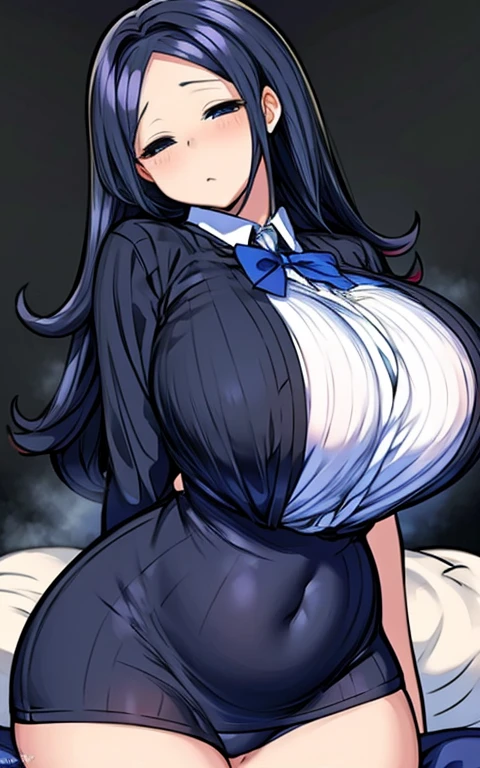 masterpiece, Highest quality, High resolution, she1, (Hair above the eyes:1.1)Uniform Thick Hips,Long black hair　Blue Hair　mysterious　Calm