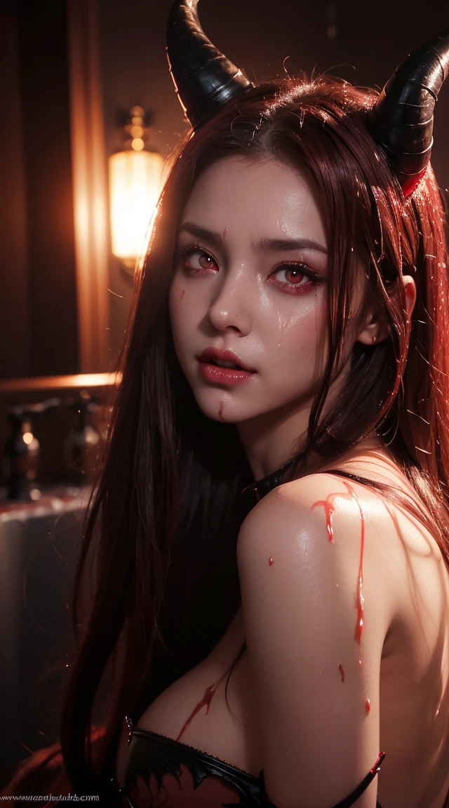 Succubus character, Devil horns, Realistic, Abyss scene, Very beautiful face, Very fine grain, Red glowing eyes, Pink long hair, Sexy Body, Large Breasts, Big Ass, Detailed skin,lots of red gems, Sensual lighting,((( She is being made to cum)))