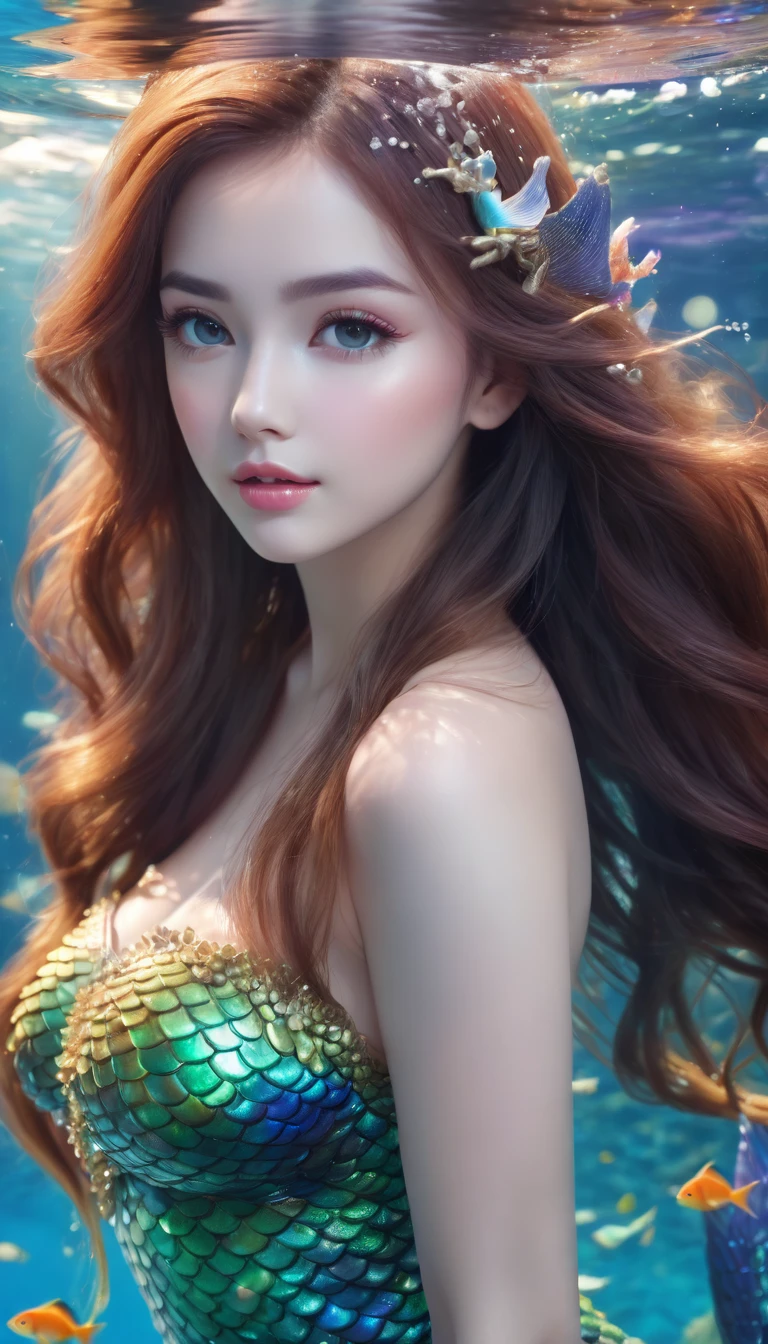 (best quality,4k,8k,highres,masterpiece:1.2),ultra-detailed,(realistic,photorealistic,photo-realistic:1.37),(whole body:1.3)mermaid princess, detailed face, beautiful eyes, long eyelashes, delicate lips, elegant hairstyle, shimmering scales, flowing underwater hair, sea creature background, fantasy underwater scene, vibrant colors, dramatic lighting, soft focus, ethereal atmosphere