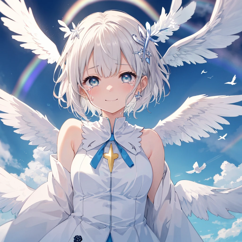 (((Extreme close-up tears smile Low - Angle Dove of peace Angel Halo))) ((輝くtears Rainbow Eyes Short Hair Receiving the light Rainbow light Place your hand on your chest)) (Shining Edge Pillar of Light)