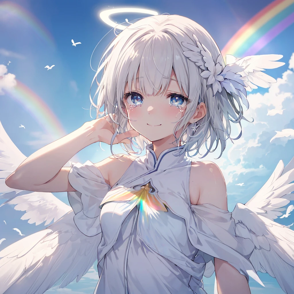 (((Extreme close-up　tears　smile　Low - Angle　Dove of peace　Angel Halo)))　((輝くtears　Rainbow Eyes　Short Hair　Receiving the light　Rainbow light　Place your hand on your chest))　(Shining Edge　　Pillar of Light)