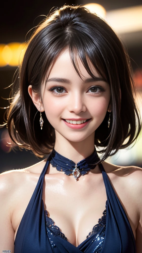 (UHigh resolution, retina, masterpiece, Accurate, Anatomically correct, Textured skin, Super detailed, Attention to detail, high quality, 最high quality, High resolution, 1080P, High resolution, 4K, 8K, 16K), (美しいAttention to detail目, Beautiful lip detail, Highly detailed eyes and face), Soft lighting, Physically Based Rendering, Vibrant colors, (Large Breasts, Glamorous Body), (Royal Blue, Halter neck dress, Mini Dress), (Portraiture, Shiny Hair, Shiny skin, blush), (Bokeh), Eye Reflexes, (Smile and laugh:1.5),