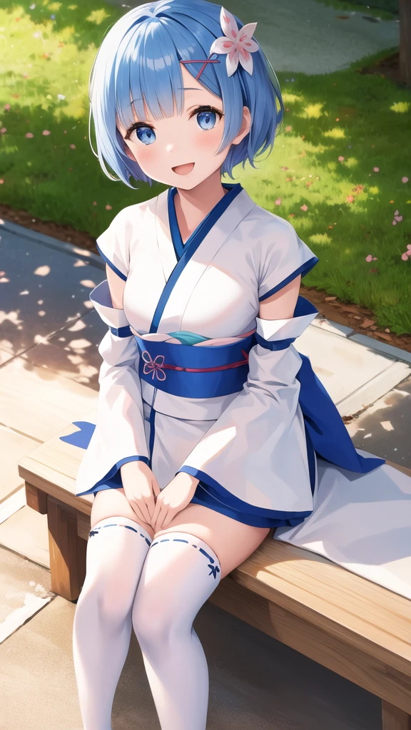 masterpiece, best quality, highres, bbrem, short hair, x hair ornament, japanese clothes, white kimono, short kimono, detached sleeves, wide sleeves, sash, white thighhighs, aged down, waving, smile, open mouth, outdoors, sitting