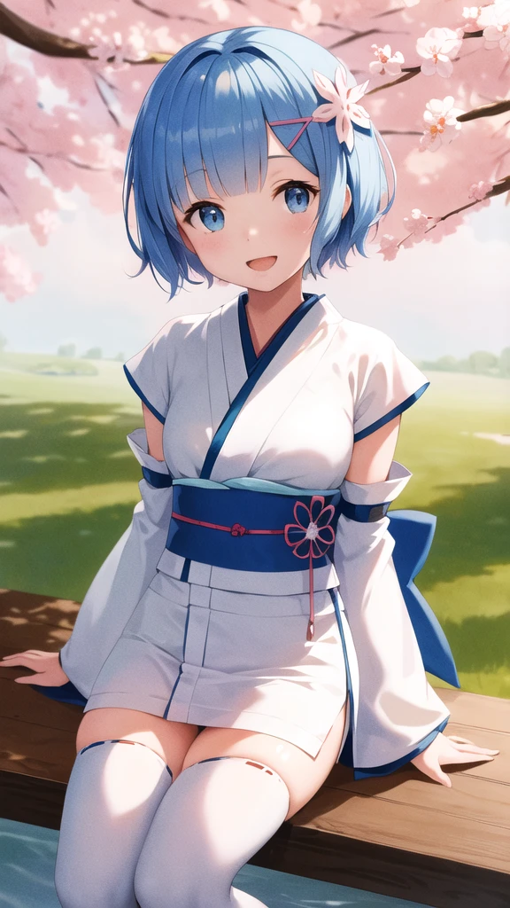 masterpiece, best quality, highres, bbrem, short hair, x hair ornament, japanese clothes, white kimono, short kimono, detached sleeves, wide sleeves, sash, white thighhighs, aged down, waving, smile, open mouth, outdoors, sitting