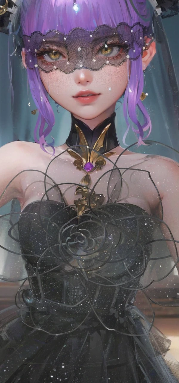 Best quality, masterpiece, pixiv, concealed golden eyes, hair violet, long hair, red dress, stairs, high quality 4k, complete fingers, covered golden eyes, violet hair, high quality 4k, covered yellow eyes, beautiful eyes, blindfolded