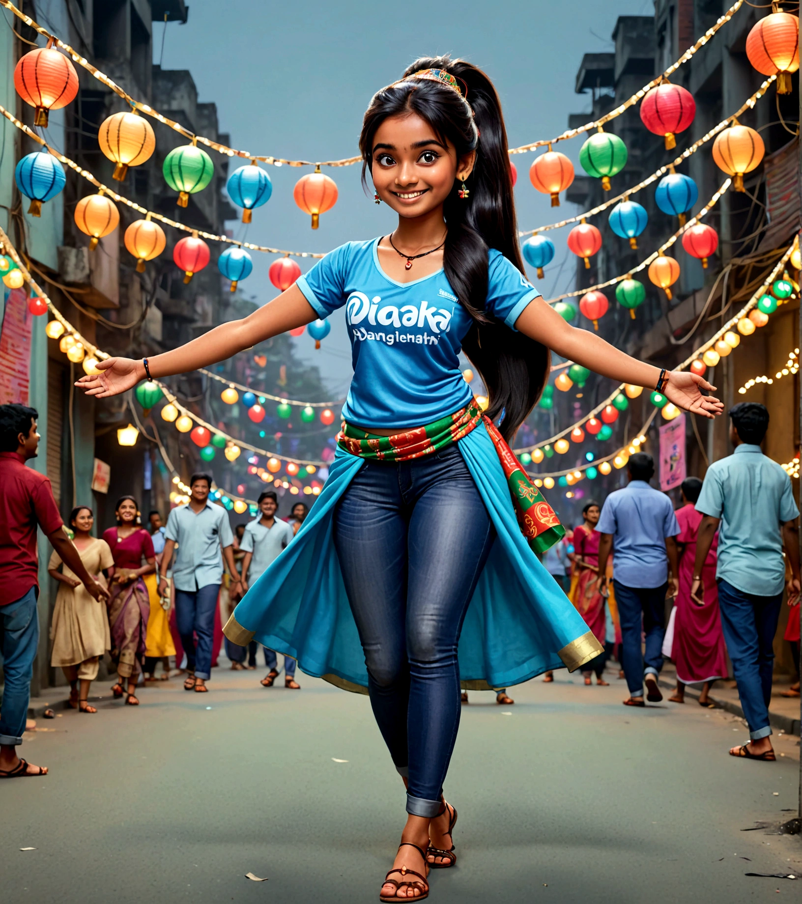A festive street in Dhaka decorated with colorful lights and banners for a local festival. A 20-year-old Bangladeshi girl with long black hair tied in a ponytail is dressed in traditional attire, smiling and enjoying the festivities. Pixar style. Pixar character