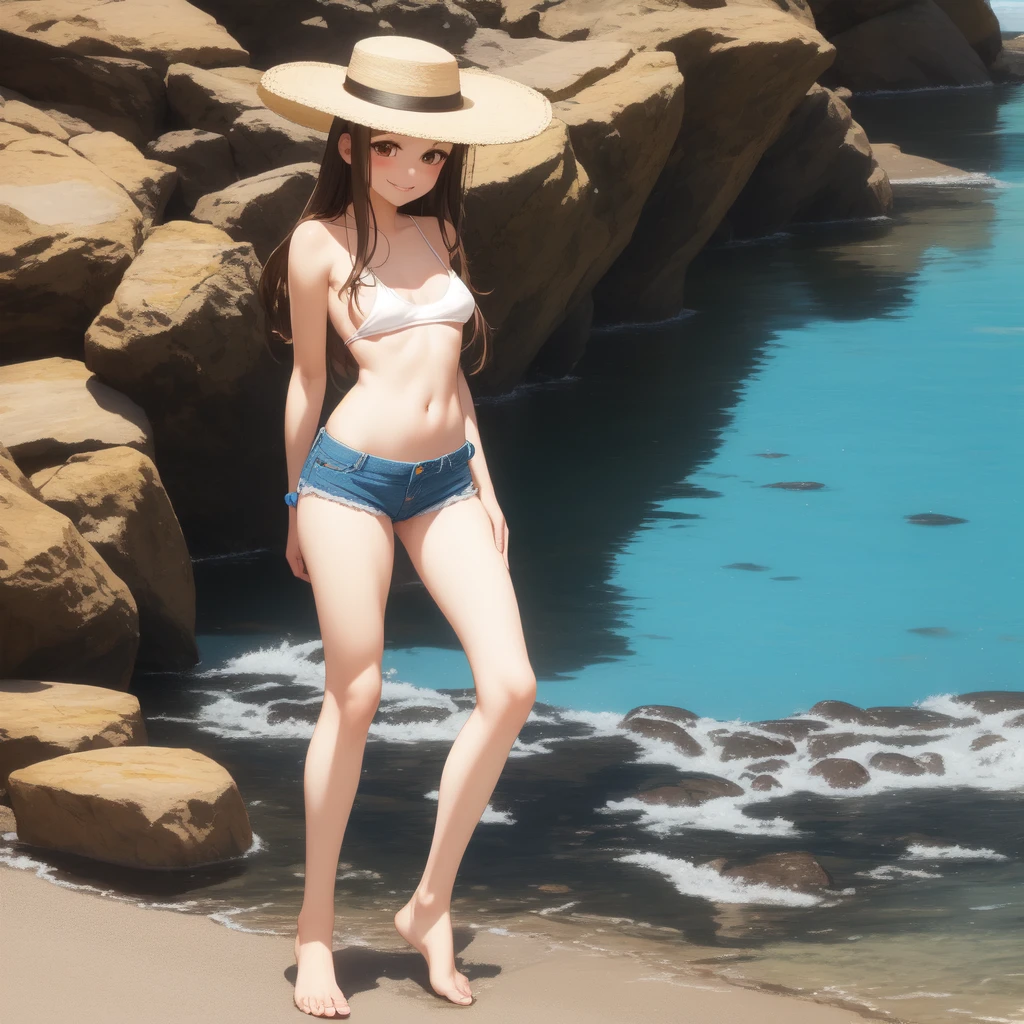 girl,(masterpiece,Highest quality),Street、bangs、(Completely naked),Bare shoulders、黒いhat、Brown eyes、Brown Hair、smile、passionate、hat、Swimwear,long hair、(Underboob),Micro Camisole、looking at the camera、shoes、Micro Mini Denim Shorts,solo、Are standing、barefoot,Swimwear