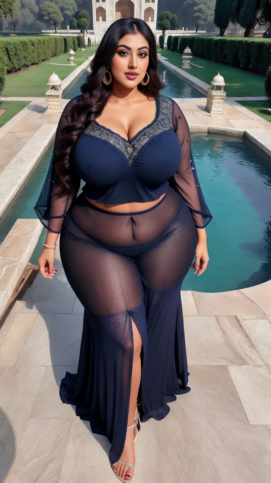 Indian gorgeous curvy plus size actress madhubala, glowing eyes, wearing SHEIN LUNE Plus Pearls Beaded Batwing Sleeve Tee
Color: Navy Blue , covered Bust, parted lips, thick thighs, bigger waist, busty, curvy plus size body, full body, full body shot, head to toe view, hourglass body, curvy plus size body, smile face, bigger waist, busty, big hips, fleshy thighs, thick thighs, busty, full body view, Taj Mahal, India: Exquisite marble mausoleum with lush gardens and reflecting pools.
