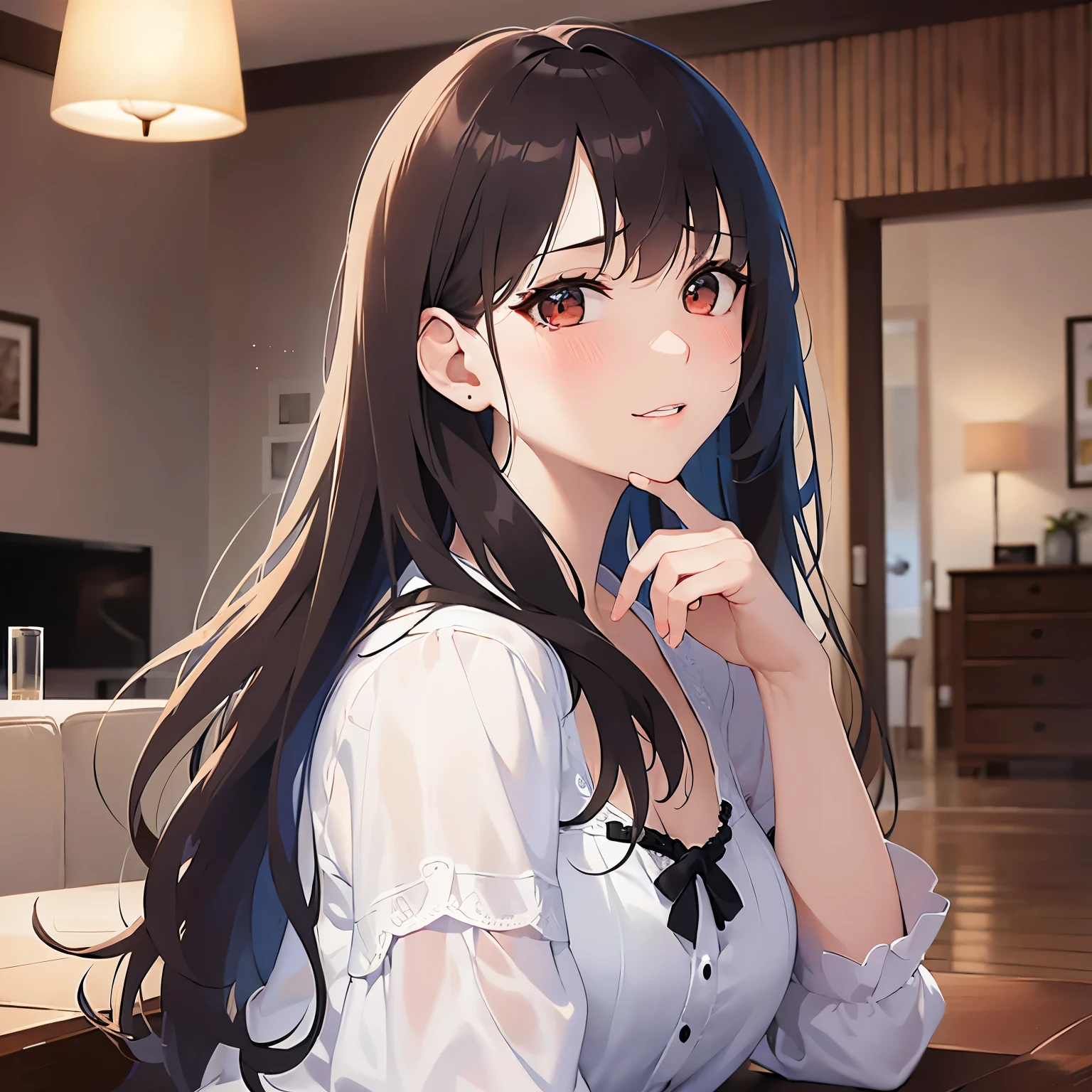 looking up, side angle, Placing hand on cheek, Biologically correct five fingers、Realistic, real person, (pale skin: 1.2), upper body, RAW photo, photorealistic, shiny skin, shiny hair、(A 35-year-old woman with medium-length hair and bangs) and (wavy hair) and (brown hair) and (Orange Eyes) , (white:1.5) and (blouse) 、Cleavage、(blush:1.5), smile, tears, The background is the living room at night、illumination、Alone、Are standing