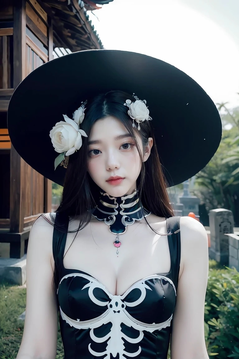 arafed woman in a skeleton costume with a hat on her head, hone onna skeleton geisha, skeleton girl, xue han, goddess of death, goddess of death in a graveyard, inspired by Xie Huan, eerie art style, saint skeleton queen, lulu chen, halloween art style, jingna zhang, wenfei ye, 2 d cg