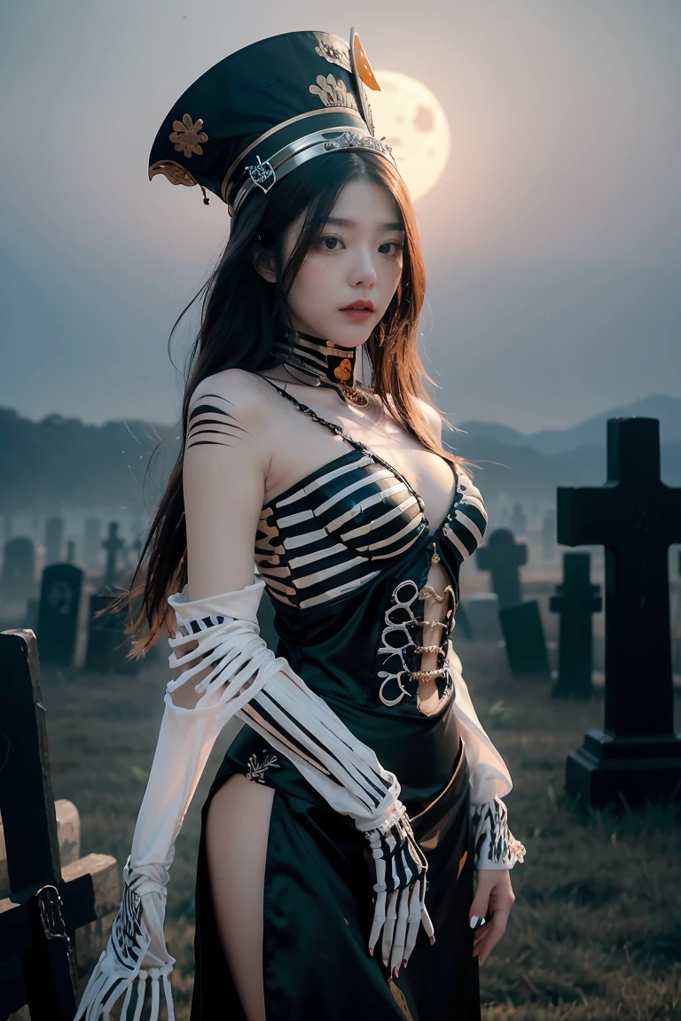 arafed woman in a skeleton costume with a hat on her head, hone onna skeleton geisha, skeleton girl, xue han, goddess of death, goddess of death in a graveyard, inspired by Xie Huan, eerie art style, saint skeleton queen, lulu chen, halloween art style, jingna zhang, wenfei ye, 2 d cg