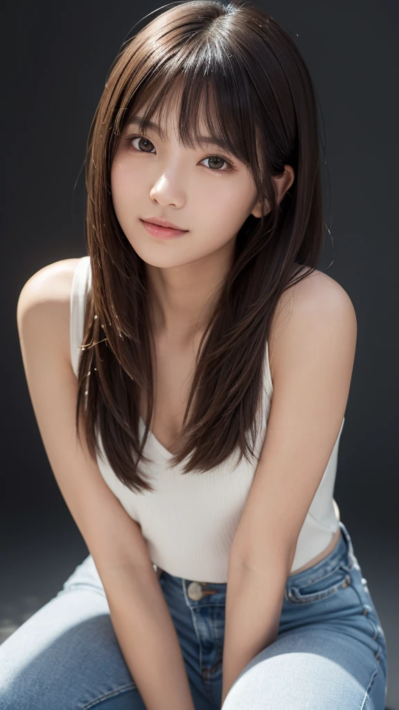 A hyper-realistic portrait of a young Japanese girl with short, straight brown hair and delicate bangs framing her face. She is wearing a form-fitting white sleeveless top that highlights her slender figure and blue jeans. Her expression is gentle and inviting, with a slight, confident smile on her lips. The lighting is soft and natural, coming from the right side, creating subtle shadows on her face and body. Her skin is smooth and fair, with a natural glow. The background is a dark, plain backdrop that contrasts with the light illuminating her, making her the focal point of the image. The style is hyper-realistic with meticulous attention to detail in textures and lighting, capturing the nuances of her facial features and the fabric of her clothing. 


