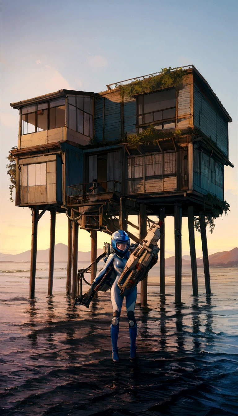 (masterpiece, highest quality, highest resolution, distinct_image, detailed details): (Solo, lone girl, Japan face, blue haired girl, short cut, full body figure, small size breasts, sparkling blue colored eyes, pilot suit in metallic white and blue color, tight fit clothes, clothes covering the whole body, beauty, slim body, exoskeleton, sexy pose, heroine, Full face helmet, knee boots)