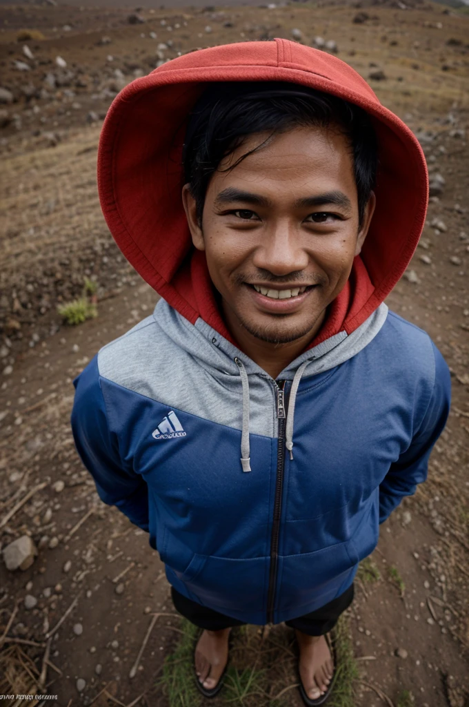Indonesian man, oval face, smiling, cubby body, brown skin, wearing hat, hoodie jacket, carrying Indonesian flag, full body, at the top of Mount Semeru, photo from above, full HD, realistic