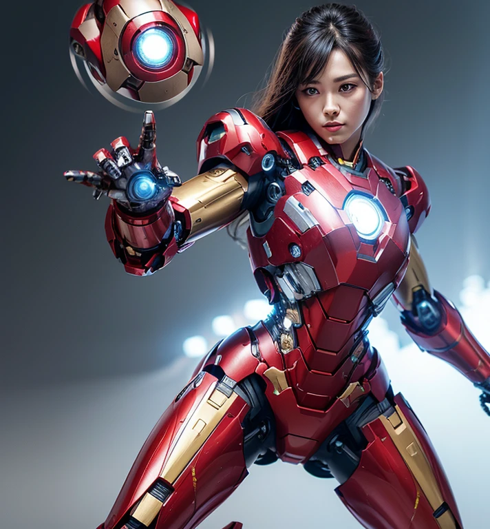 Textured skin, Super Detail, high details, High quality, Best Quality, hight resolution, 1080p, hard disk, Beautiful,(Female Ironman),beautiful cyborg woman,Mecha Cyborg Girl,Battle Mode,Girl with a Mecha Body,She wears an Iron Man mech,Full Body Shot