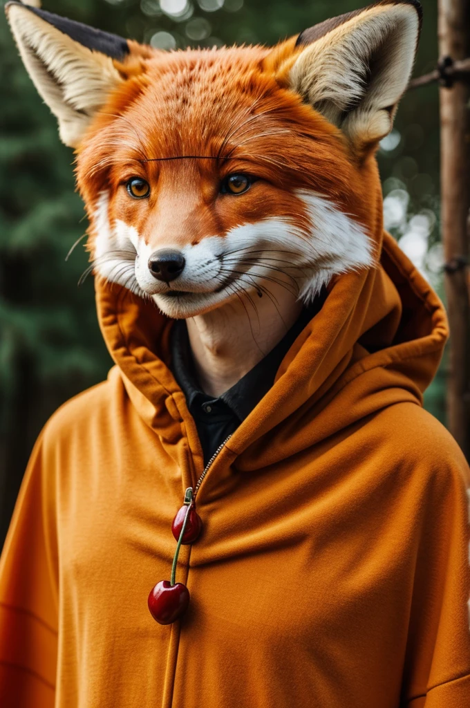 A person dressed as a fox wearing his cherry poncho