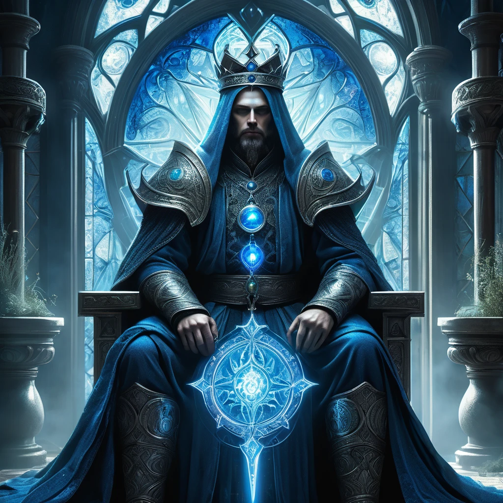 Imagine a king seated upon an ancient throne in a medieval dark fantasy realm, his presence surrounded by a mysterious and powerful blue aura that radiates from his figure. Clad in regal robes woven with threads of midnight blue and adorned with intricate silver filigree depicting arcane symbols and mythical creatures, the king exudes an aura of both majesty and enigma.

His features are stern yet contemplative, illuminated by the ethereal glow that emanates from his being. Wisps of blue energy swirl around him, hinting at the potent magic that flows within. Upon his brow rests a crown forged from shimmering sapphire, its facets catching the faint light that filters through stained glass windows depicting scenes of ancient battles and mystical rites.

The throne room is grand yet somber, its stone walls etched with faded tapestries and illuminated by braziers that cast dancing shadows. Courtiers and advisors stand at respectful distances, their expressions a mix of reverence and awe as they await the king's decrees.

Capture the aura of power and mystery as this king with a blue aura commands his realm in the medieval dark fantasy world, where secrets are whispered in the corridors of power and the fate of kingdoms hangs in the balance of his arcane wisdom."